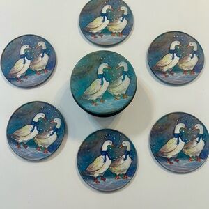 Vintage Lucie Sable Winter Goose Coaster Set with Tin